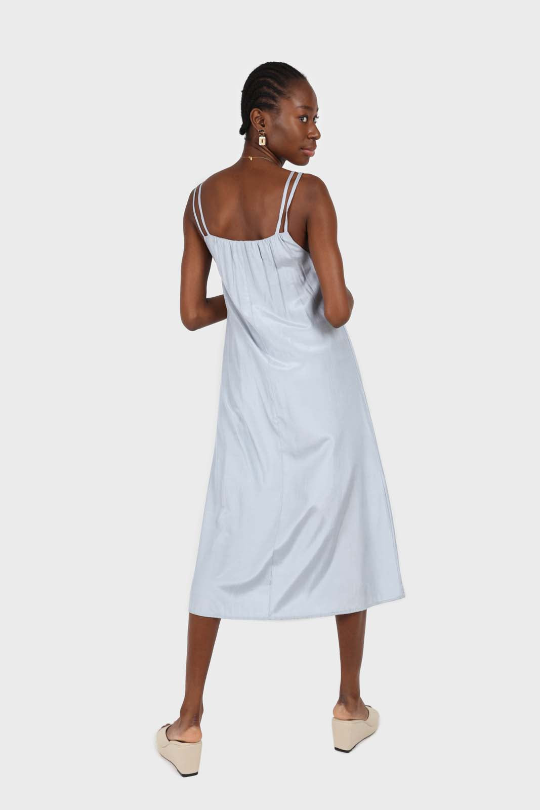 Blue double strap silky maxi dress