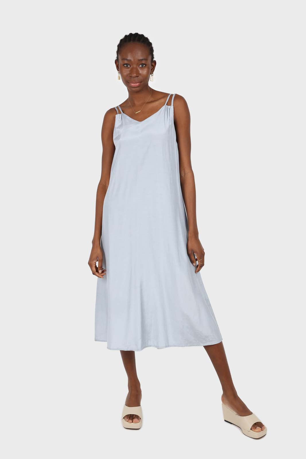 Blue double strap silky maxi dress