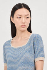 Bright blue and beige contrast trim mixed knit tee