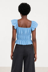 Bright blue and white gingham ruched tank