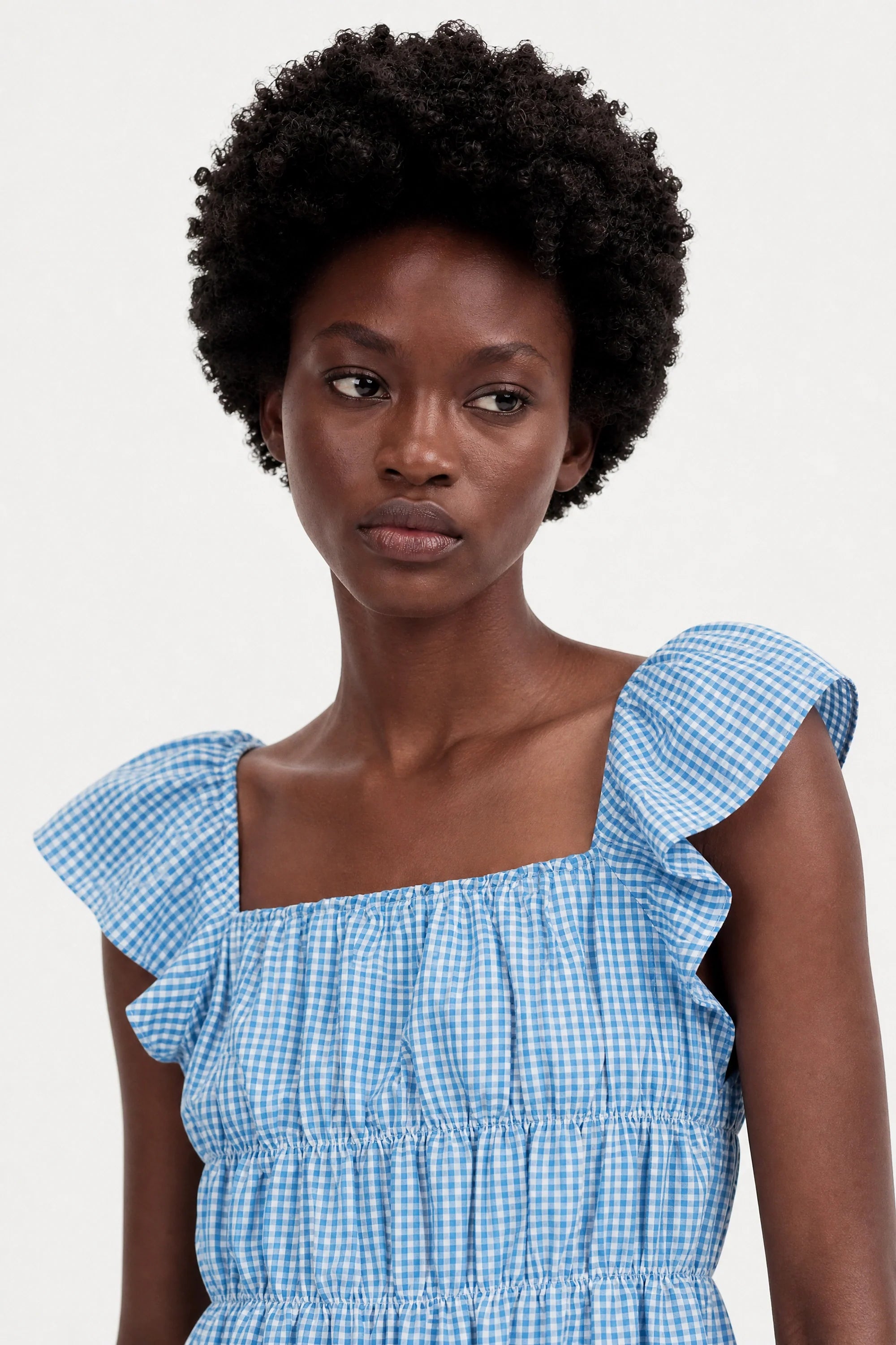Bright blue and white gingham ruched tank