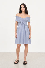 Bright blue and white mini check ruched off shoulder dress