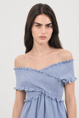 Bright blue and white mini check ruched off shoulder dress