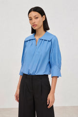 Bright blue giant collar drawstring hem blouse