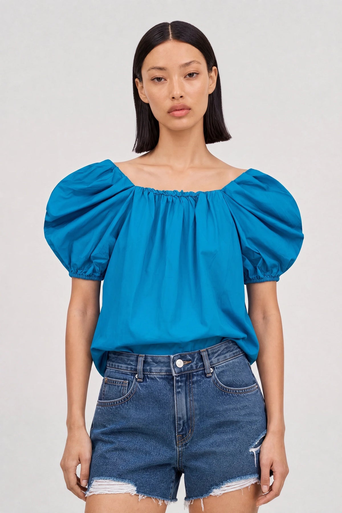 Bright blue puff sleeve blouse