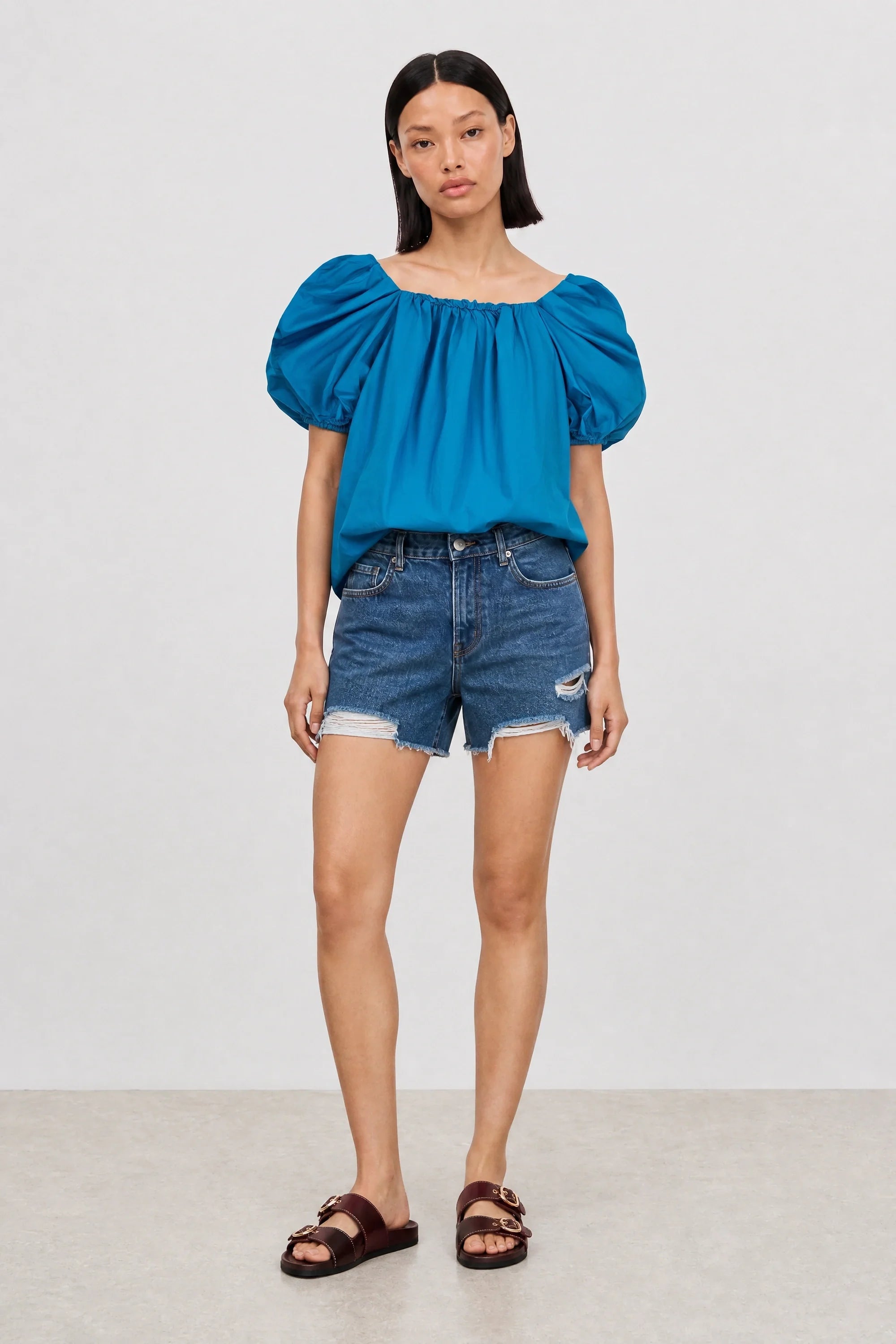Bright blue puff sleeve blouse