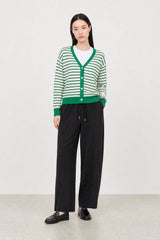Bright green ivory and black linen blend contrast trim striped cardigan