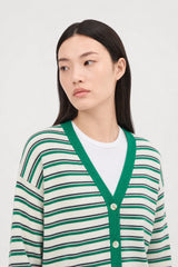 Bright green ivory and black linen blend contrast trim striped cardigan