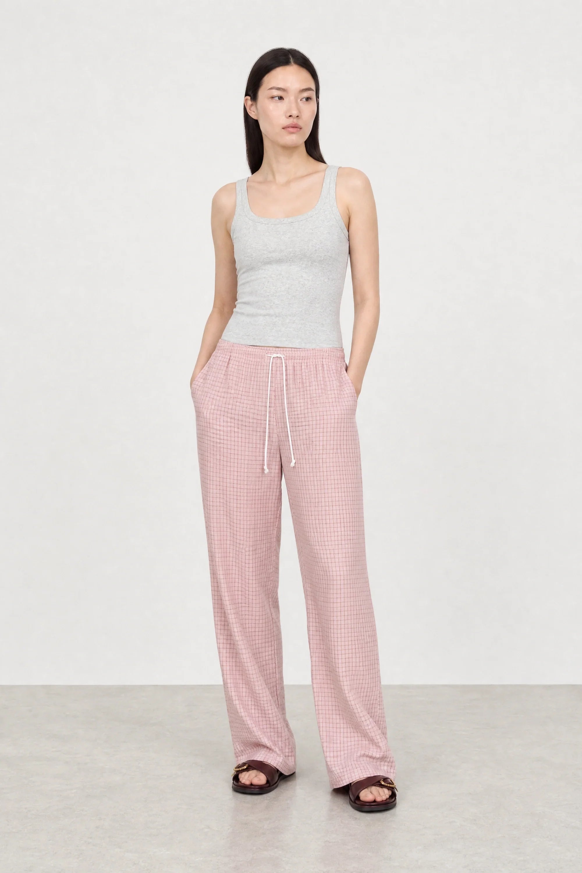 Bright pink checked drawstring trousers