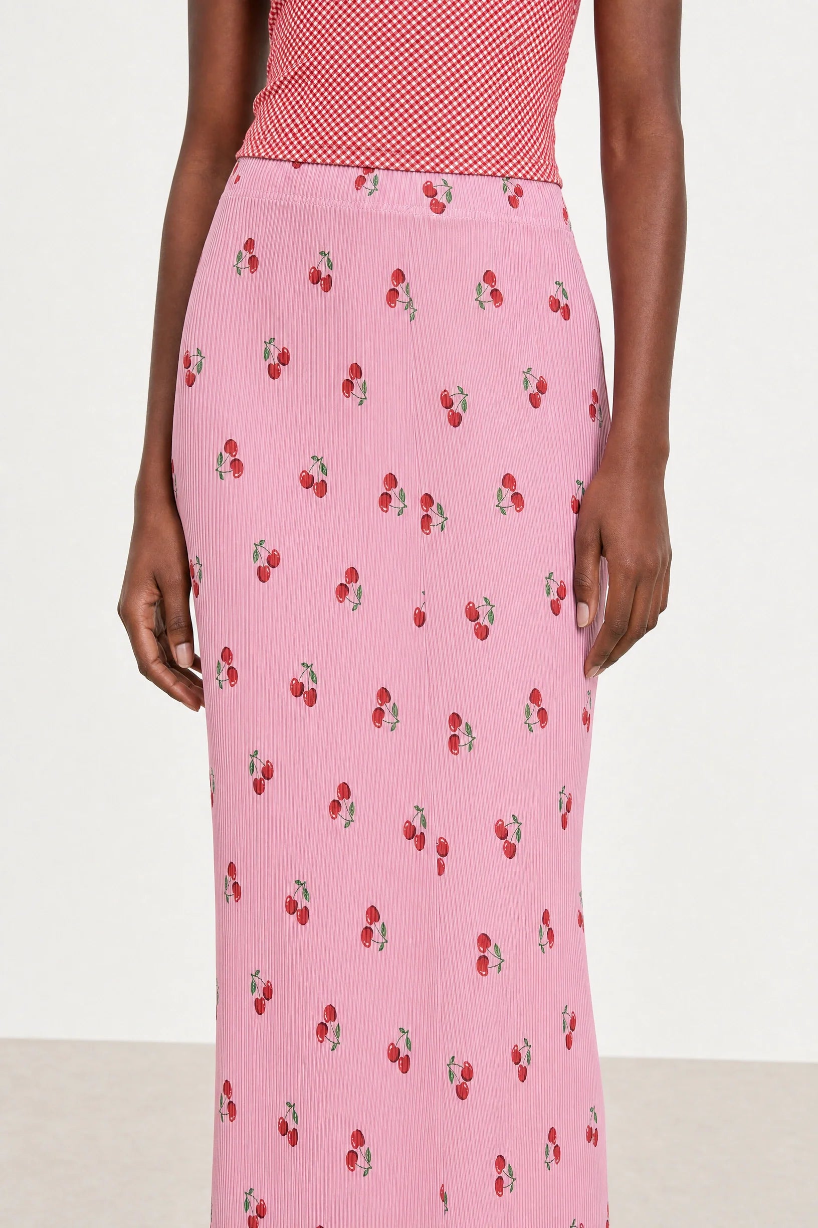 Bright pink cherry print ribbed skirt