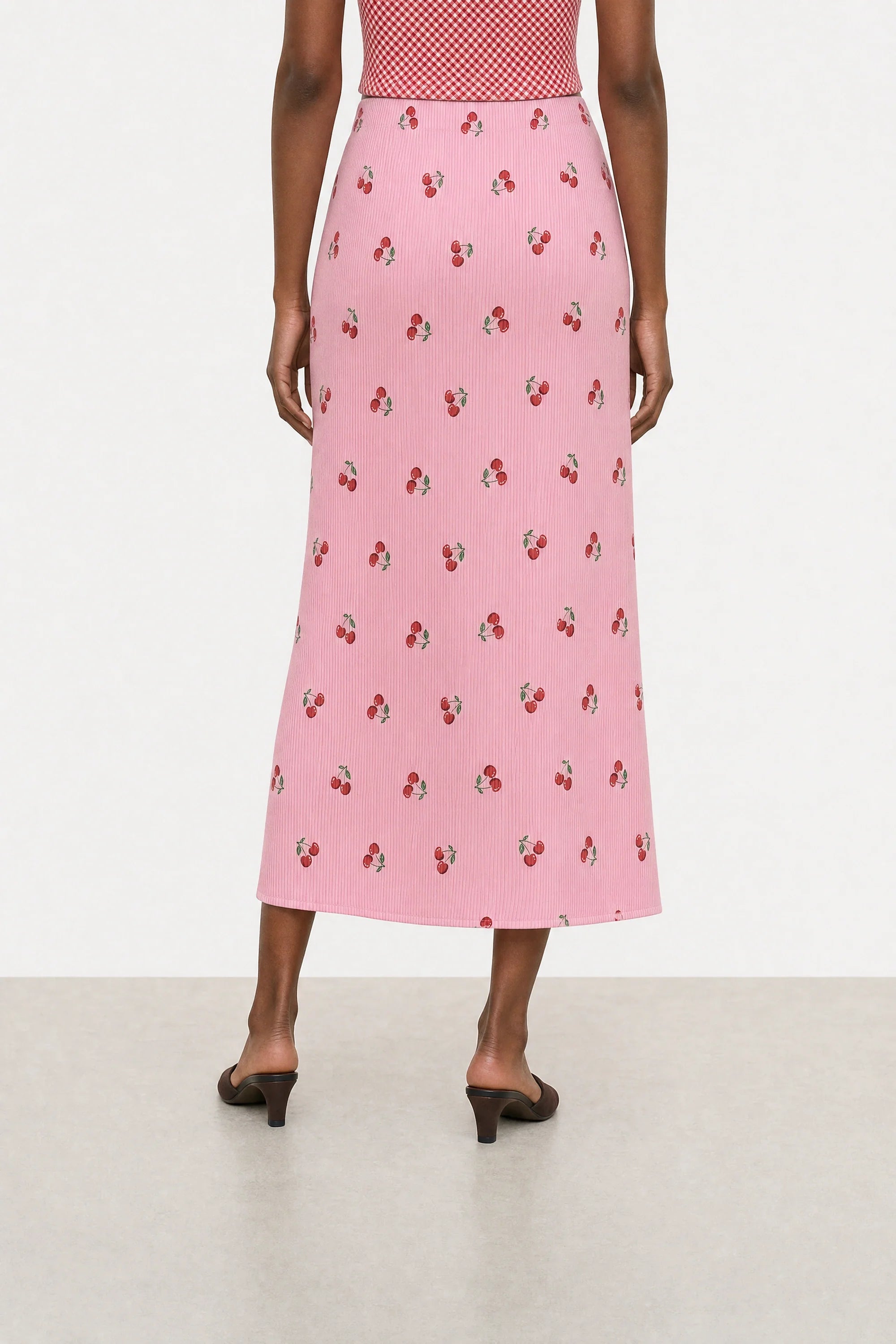 Bright pink cherry print ribbed skirt