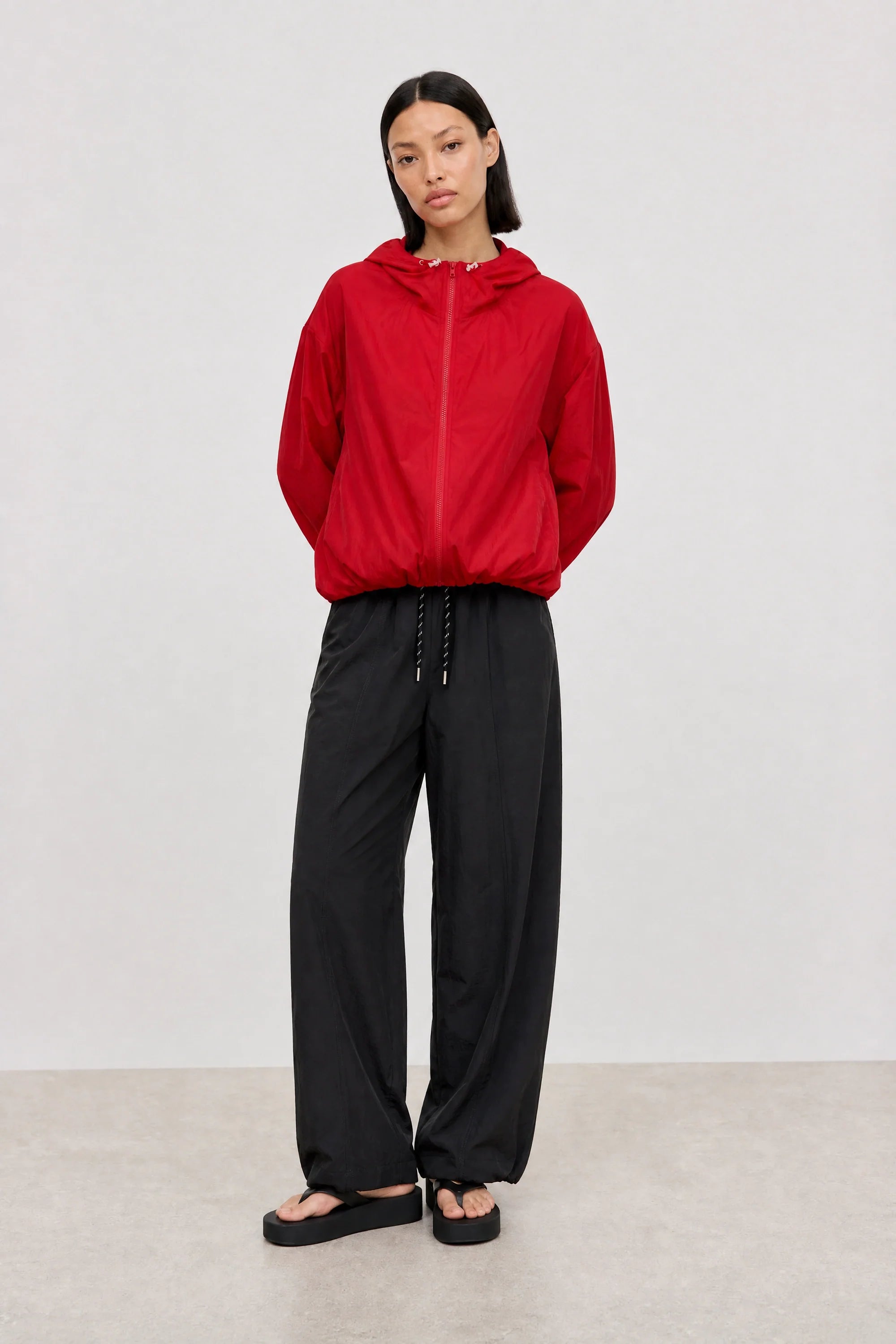 Bright red box textured hooded windbreaker