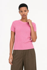 Bright pink thin ribbed tiered knit tee