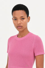 Bright pink thin ribbed tiered knit tee
