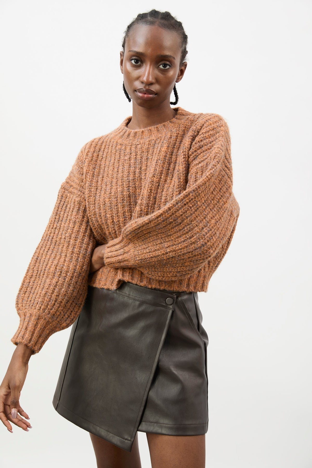 Brown flecked chunky knit cropped jumper