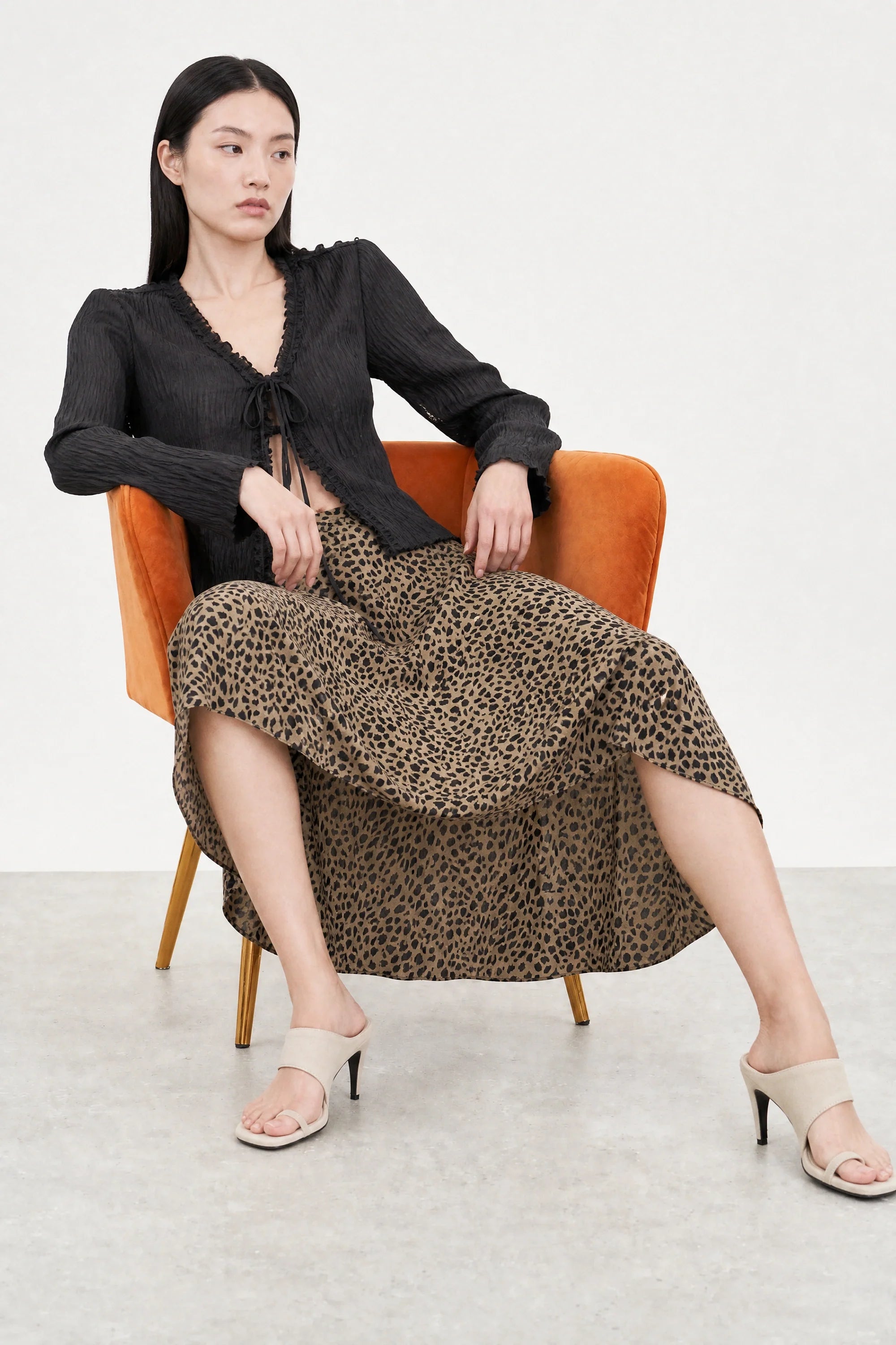 Brown leopard satin long skirt