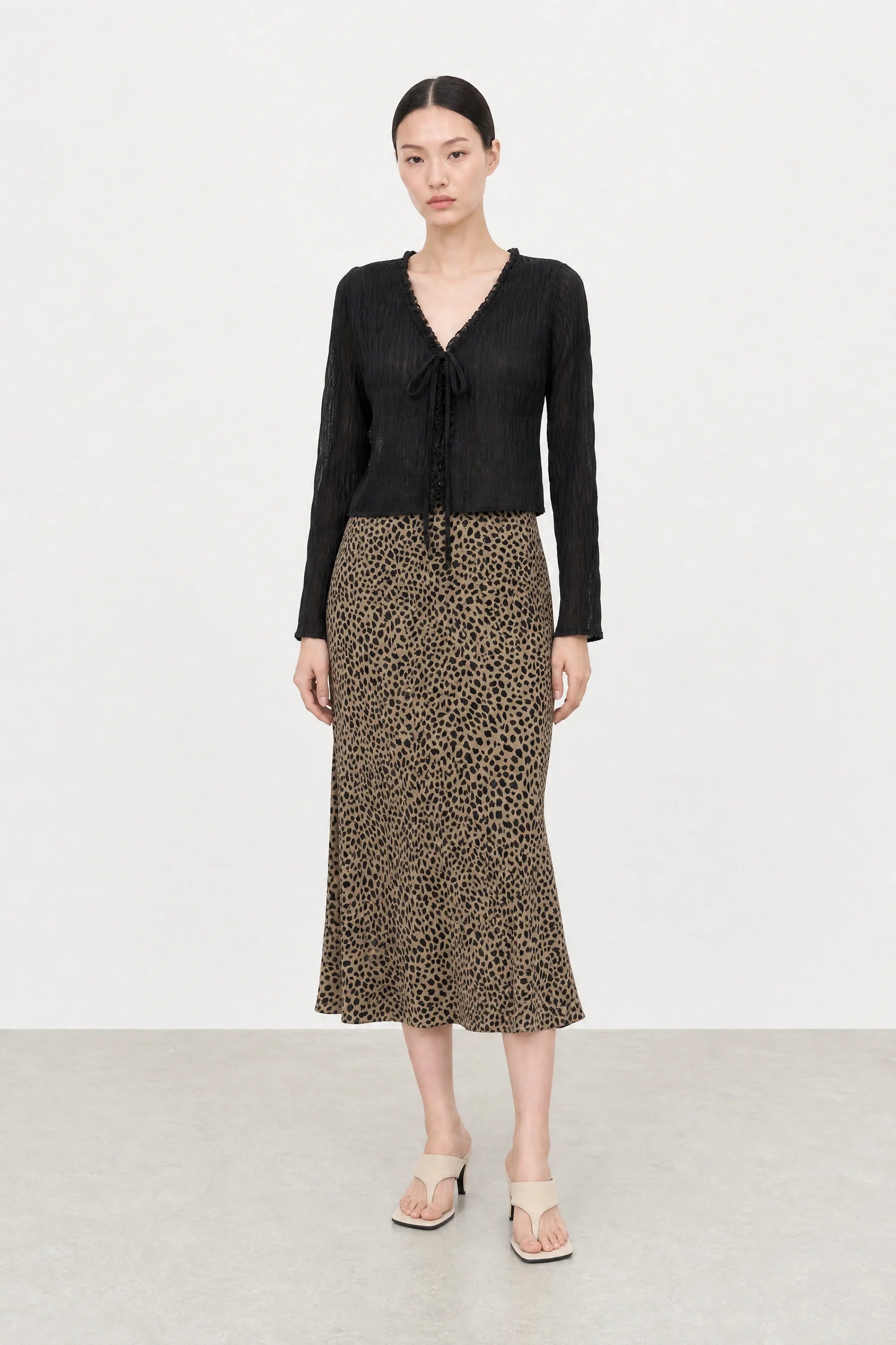 Brown leopard satin long skirt