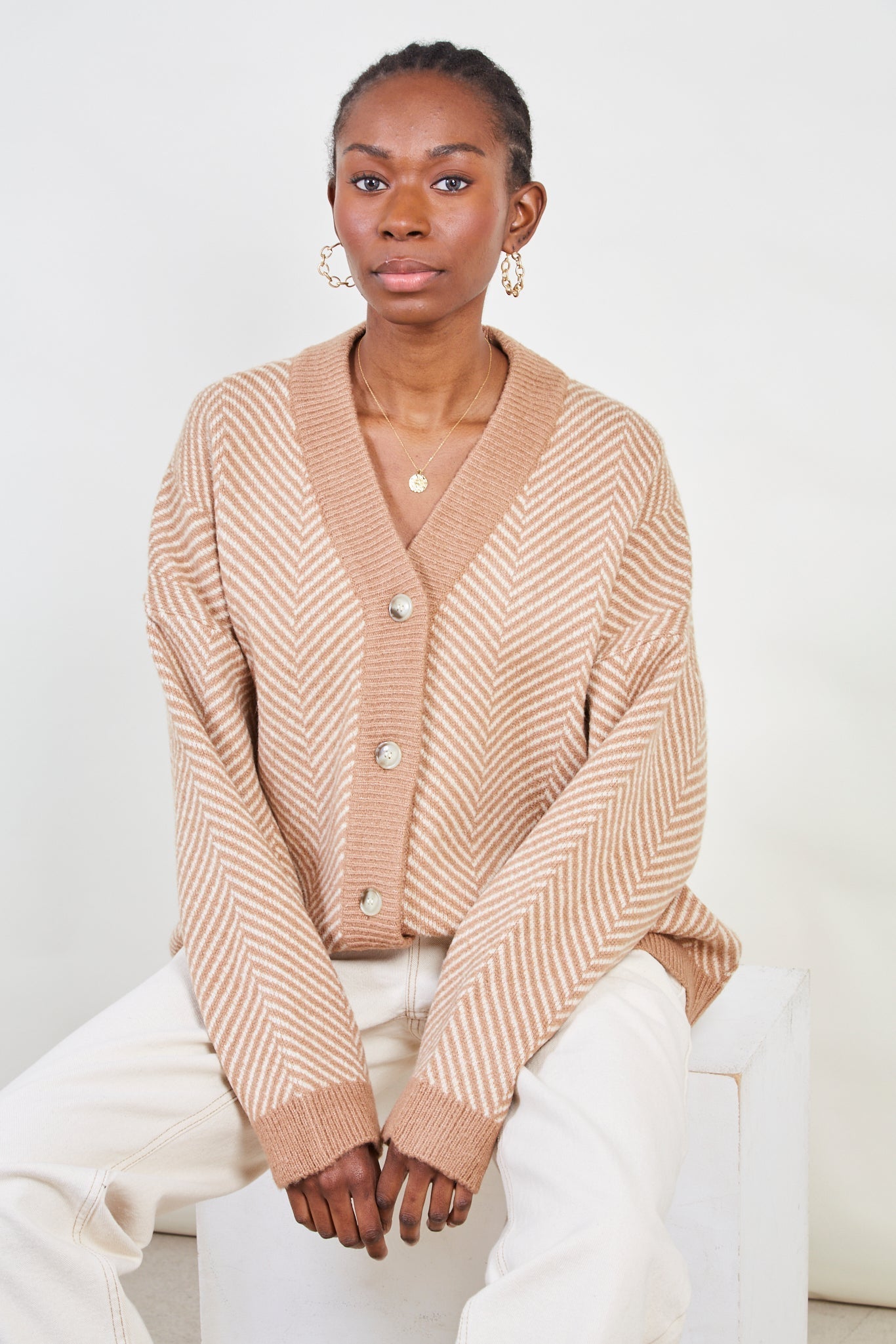 Brown and ivory herringbone cardigan