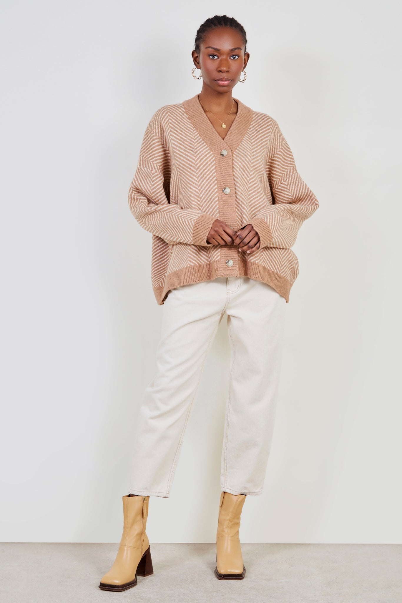 Brown and ivory herringbone cardigan