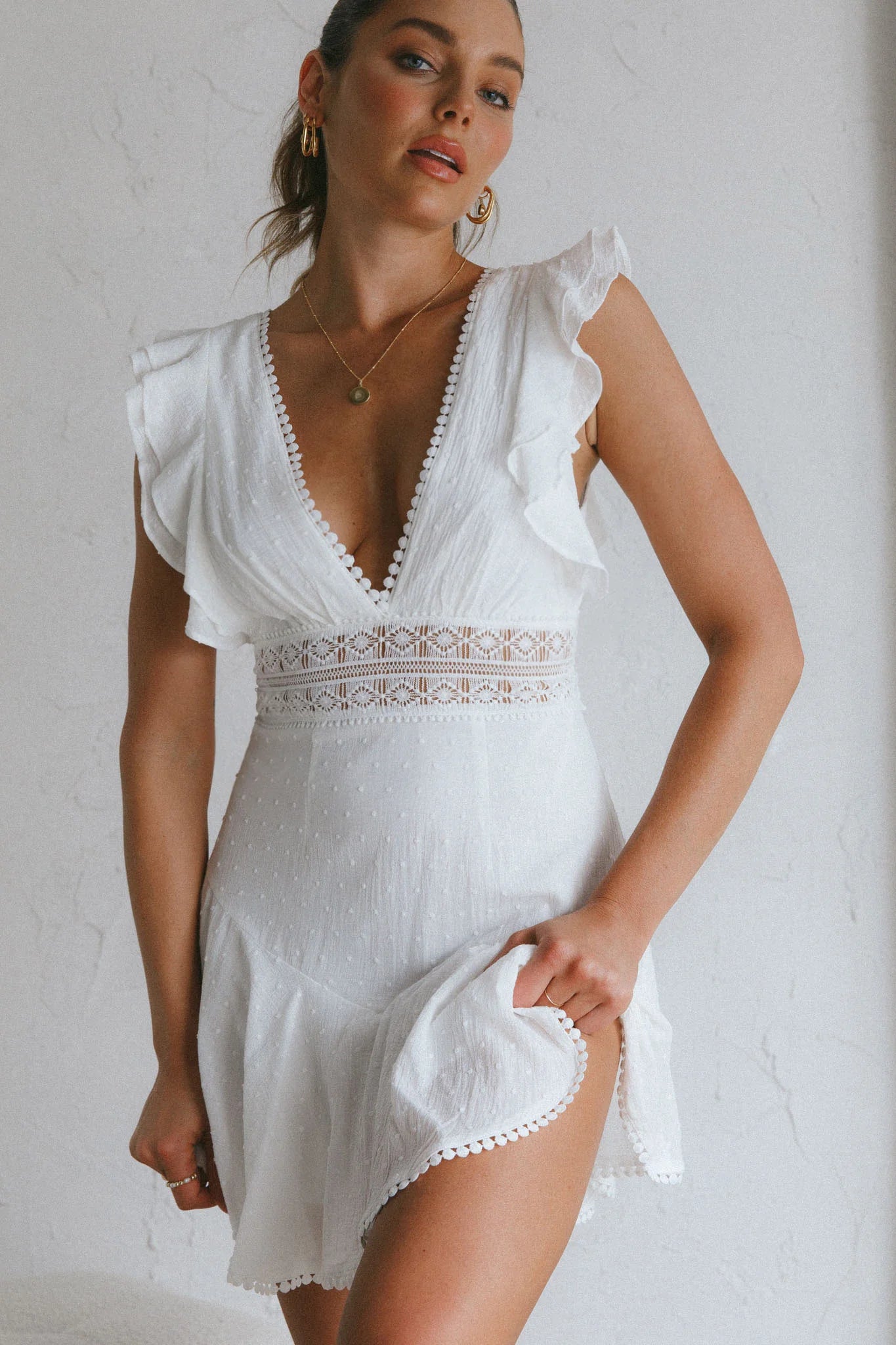 Idyllwild Ruffle Shoulder Mini Dress Off White