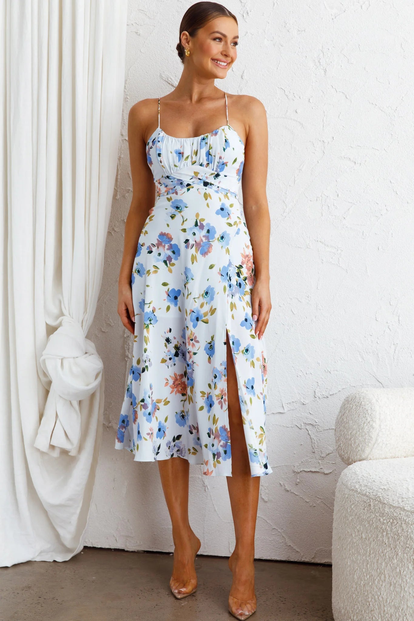 Linka Cami Strap Split Midi Dress Floral Blue