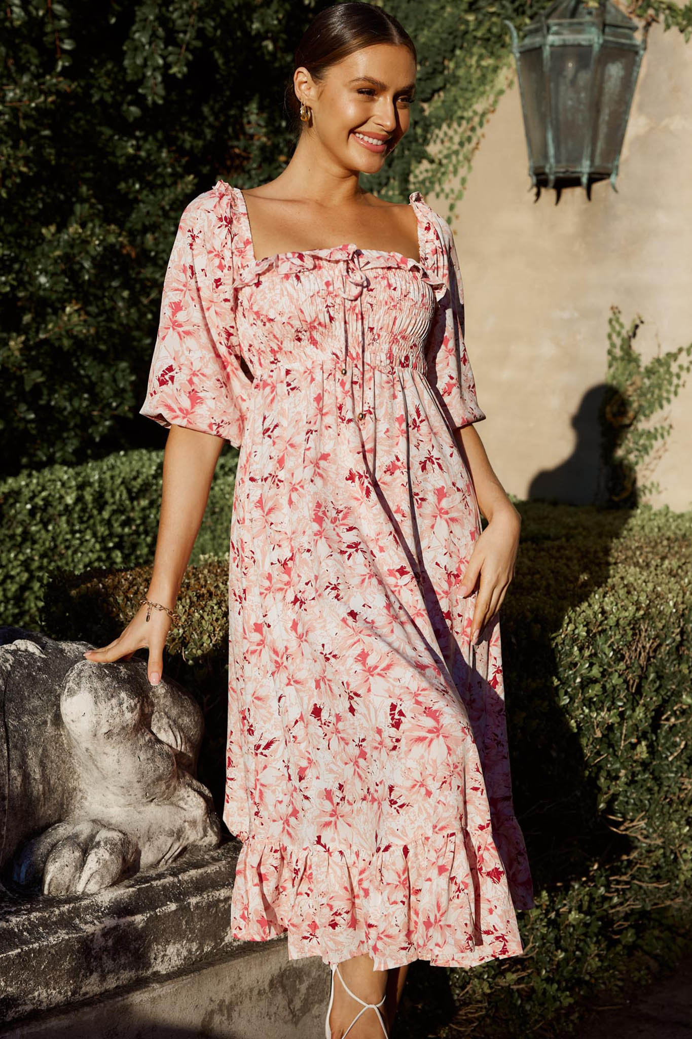 Flynn Balloon Sleeve Shirred Midi Dress Floral Pink