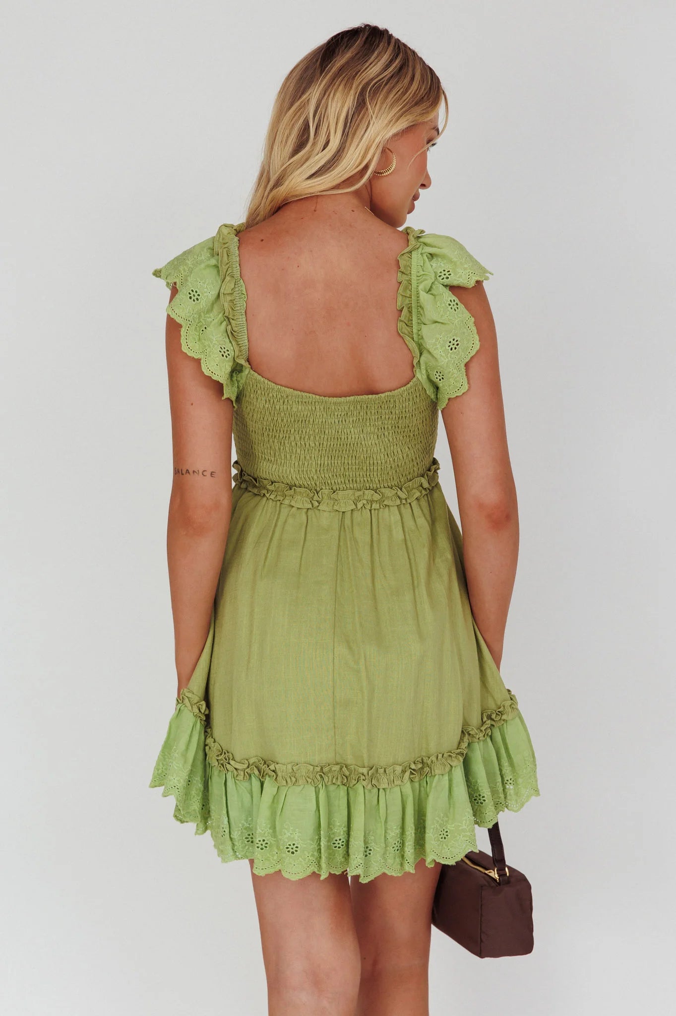 Bay Breeze Frill Shoulder Shirred Bodice Dress Olive