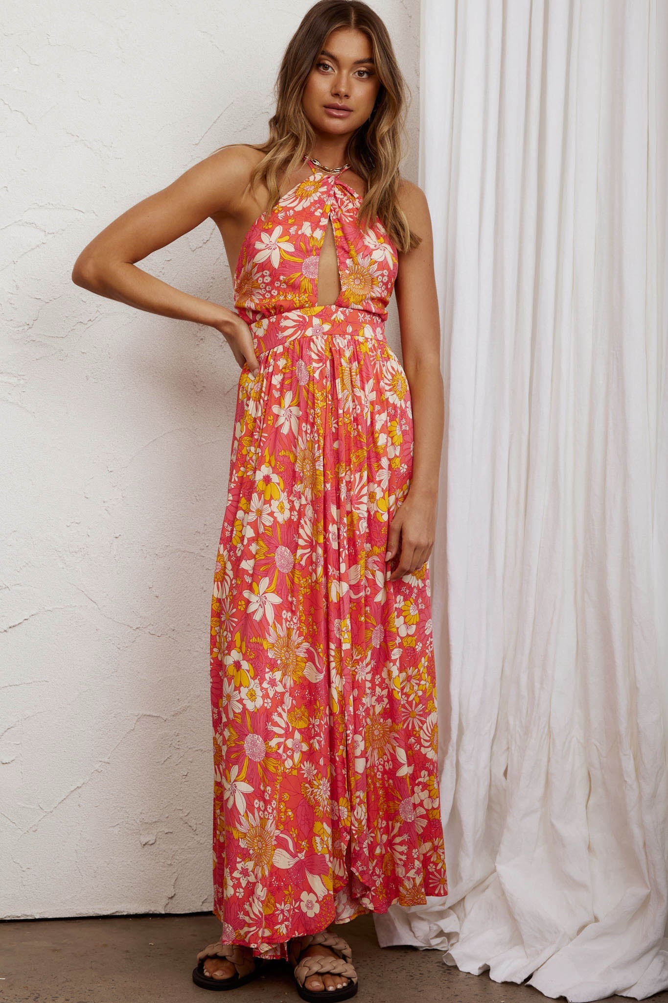 Athena High Split Maxi Dress Retro Floral Orange