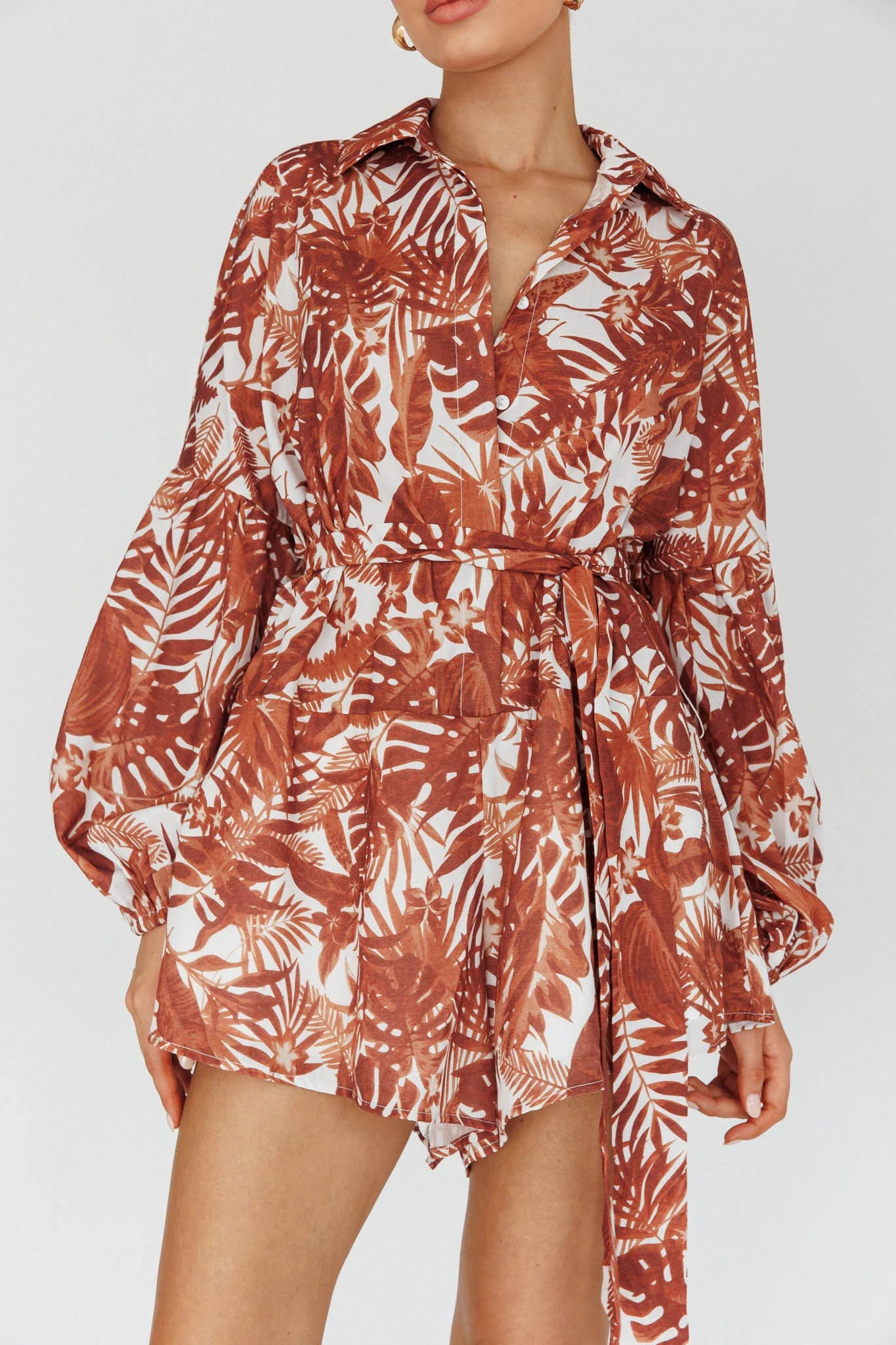 Daytona Beach Long Sleeve Shirt Romper Leaves Brown