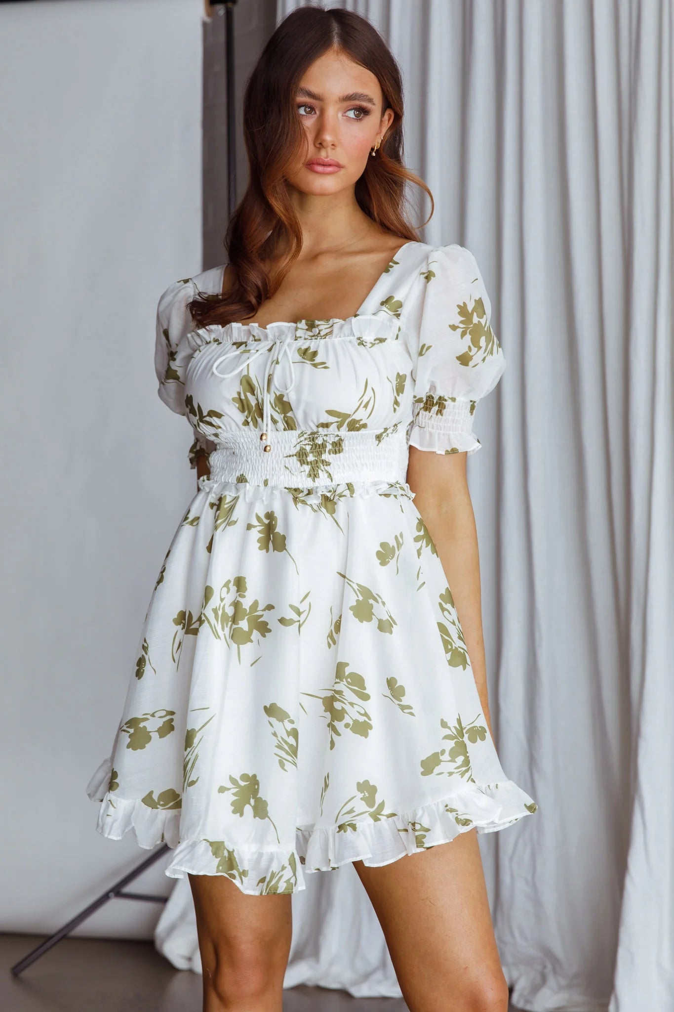 Summer In Paris Puff Sleeve Open Back Dress Floral Olive