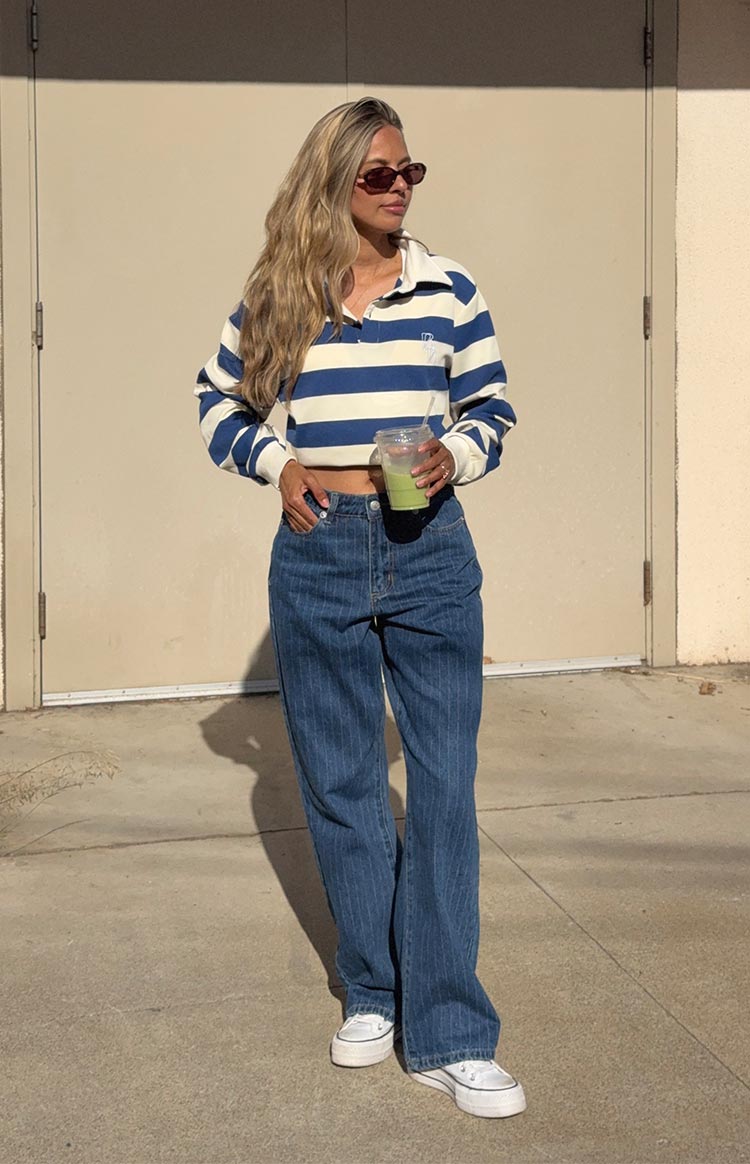 Calliope Pinstripe Mid Wash Mid Rise Slouchy Jeans