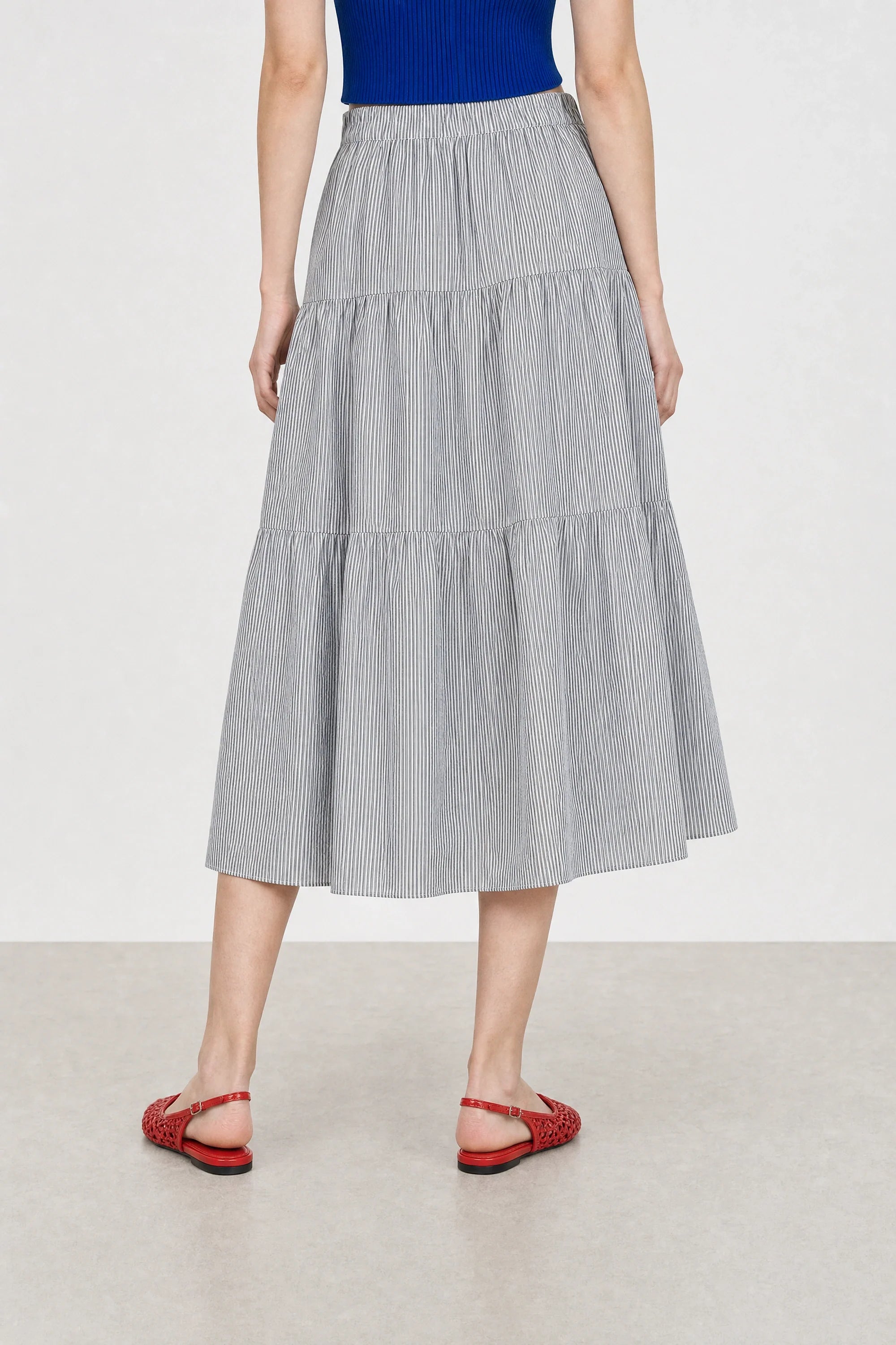 Charcoal grey seersucker tiered midi skirt