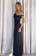 Charm Black Off Shoulder Formal Satin Maxi Dress