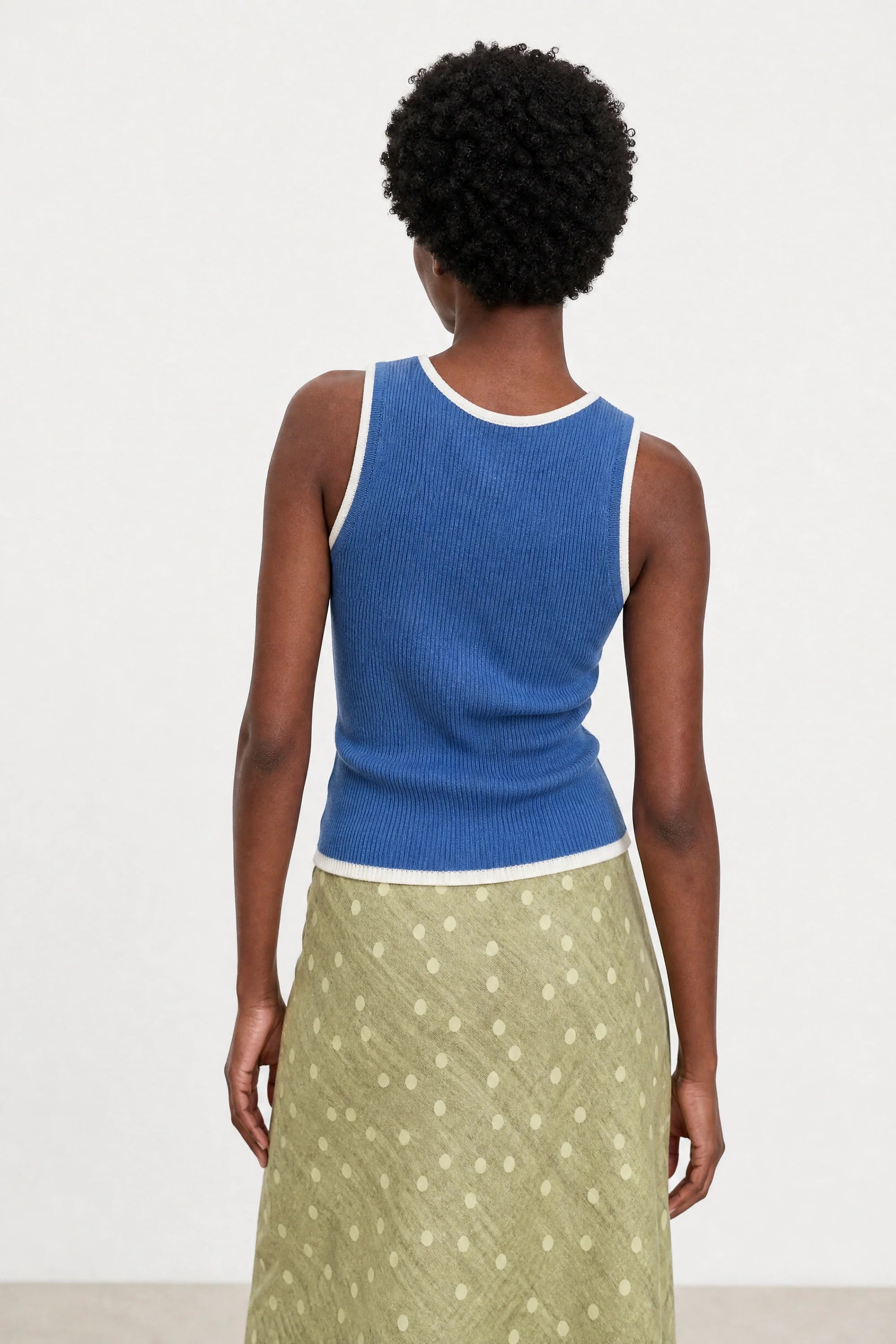 Cobalt blue and ivory double layer button front knit tank