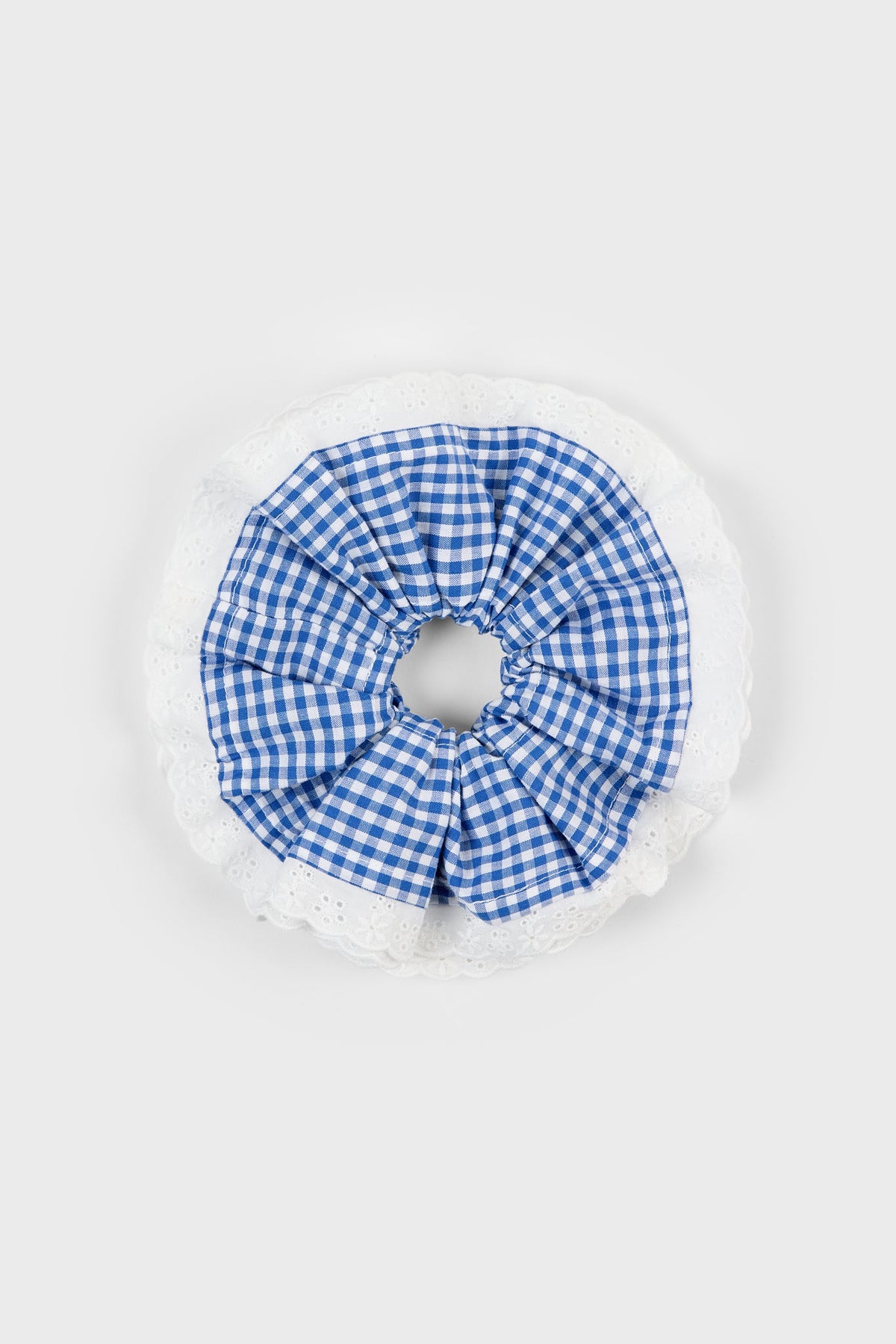 Cobalt blue gingham white eyelet trim scrunchie