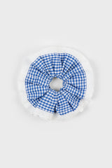 Cobalt blue gingham white eyelet trim scrunchie