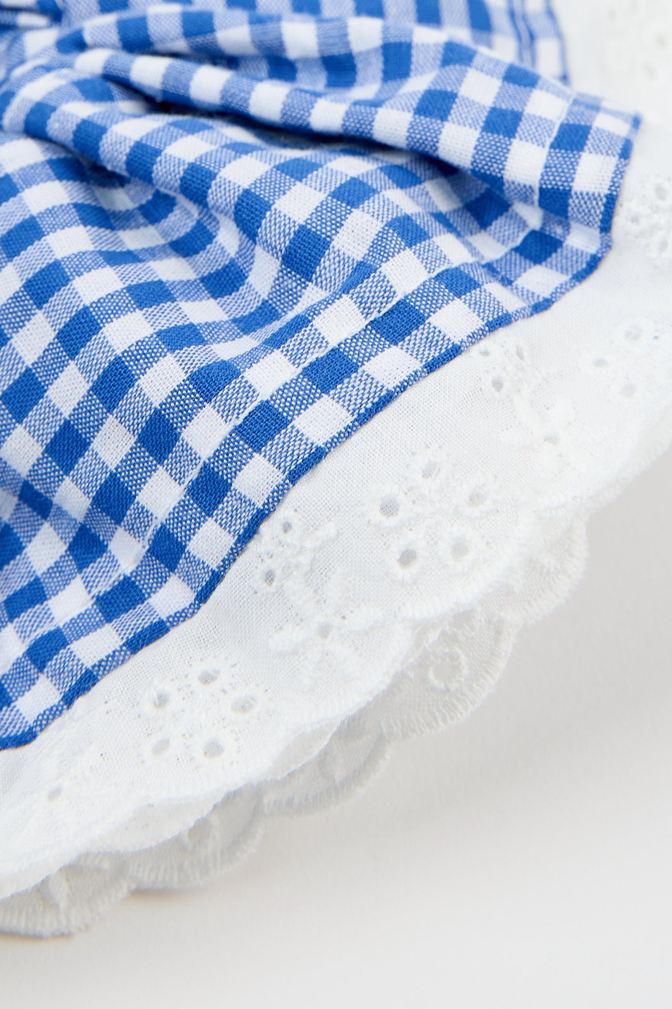 Cobalt blue gingham white eyelet trim scrunchie