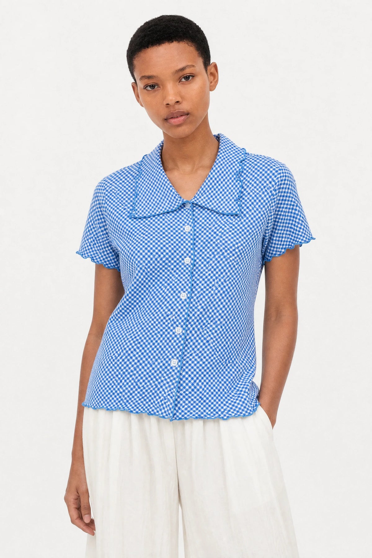 Cobalt blue and white gingham lettuce trim short sleeve shirt