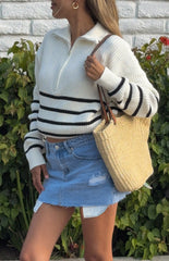 Copenhagen Cream Stripe Quarter Zip Knit Jumper
