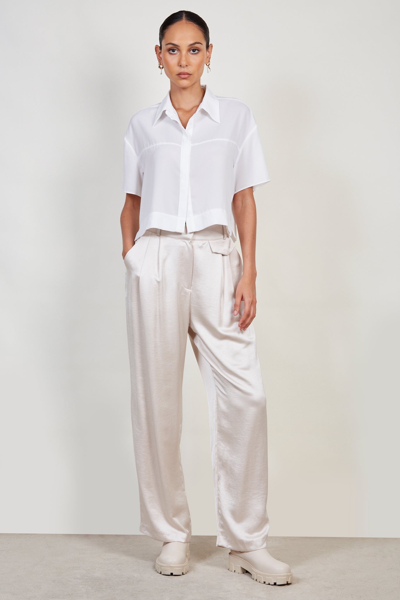 Cream flap pocket satin wide leg trousers