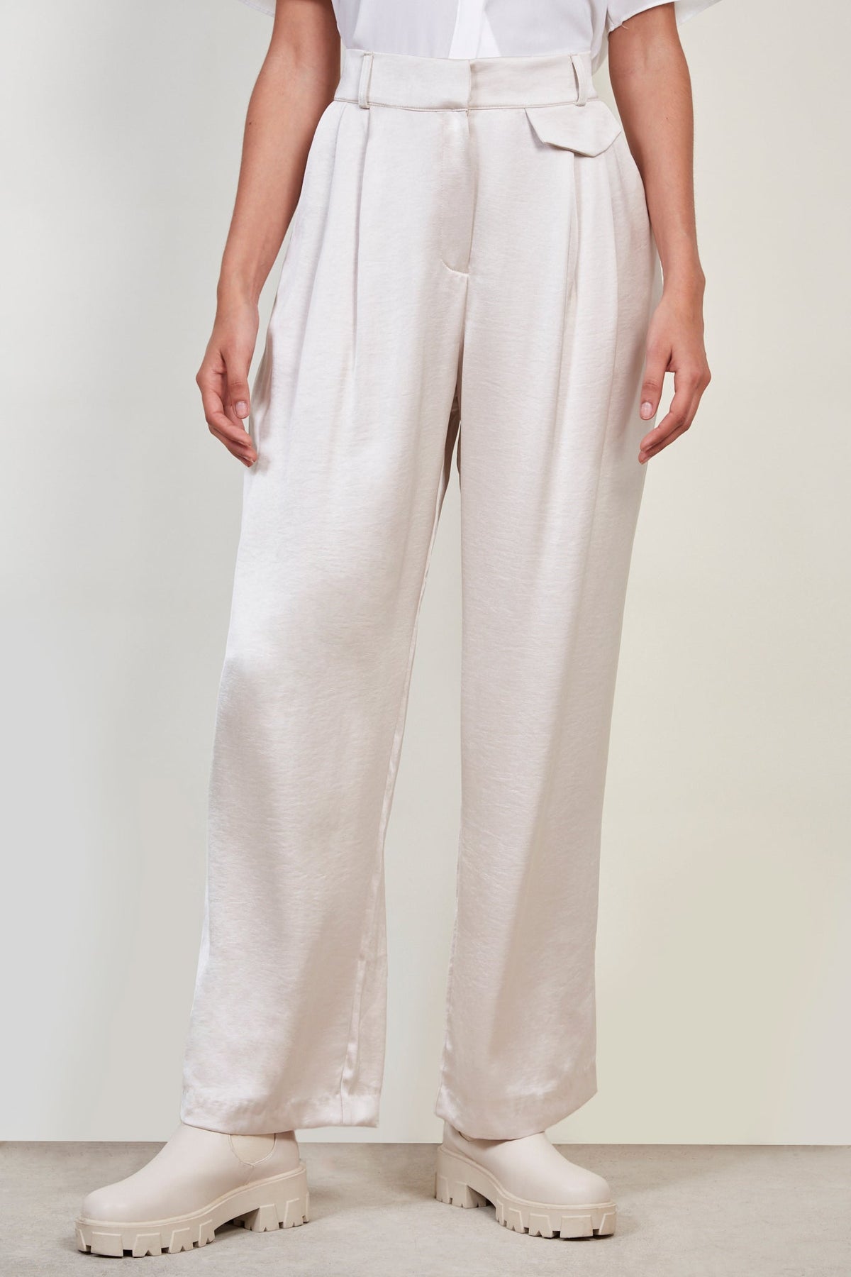 Cream flap pocket satin wide leg trousers