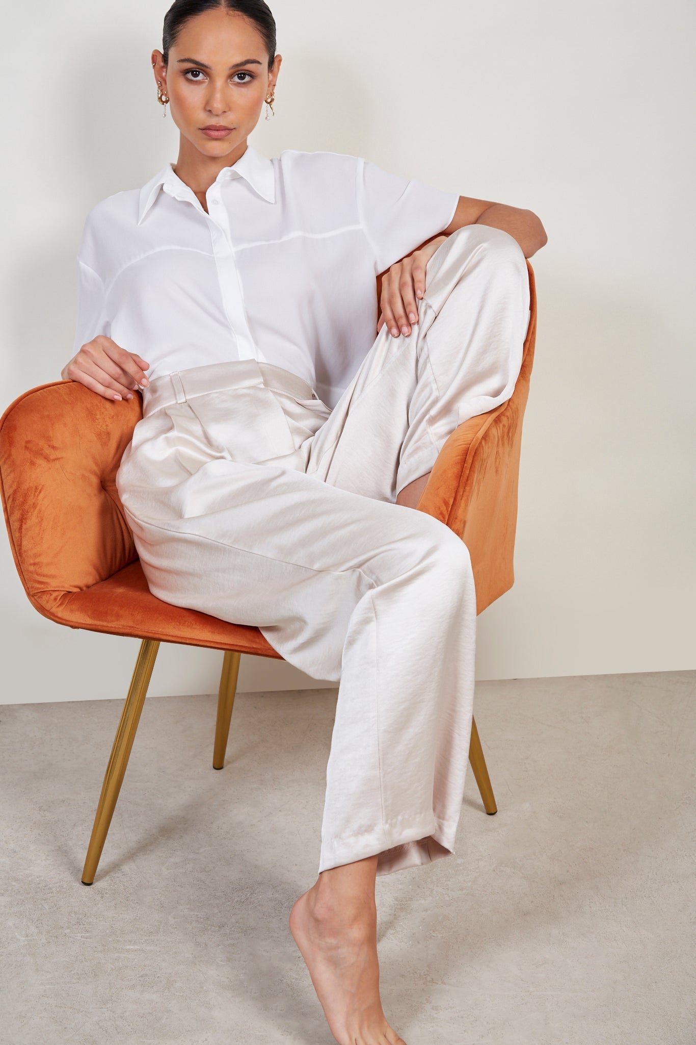 Cream flap pocket satin wide leg trousers
