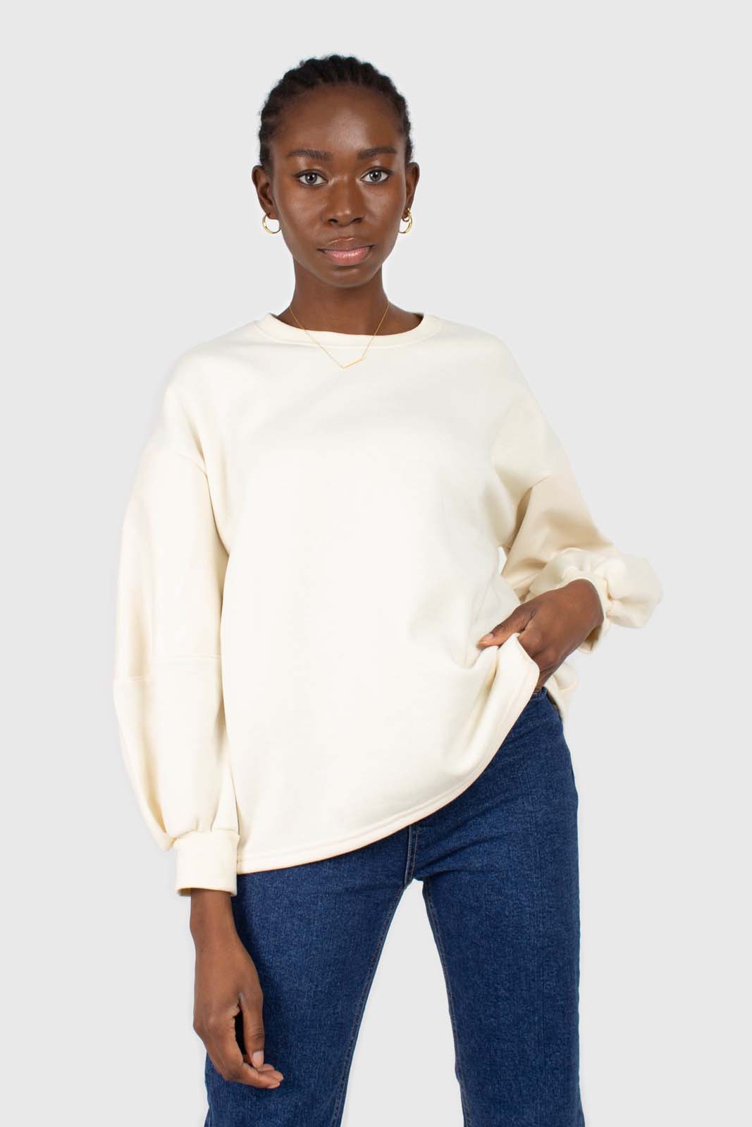 Cream vegan leather contrast sleeve sweatshirt