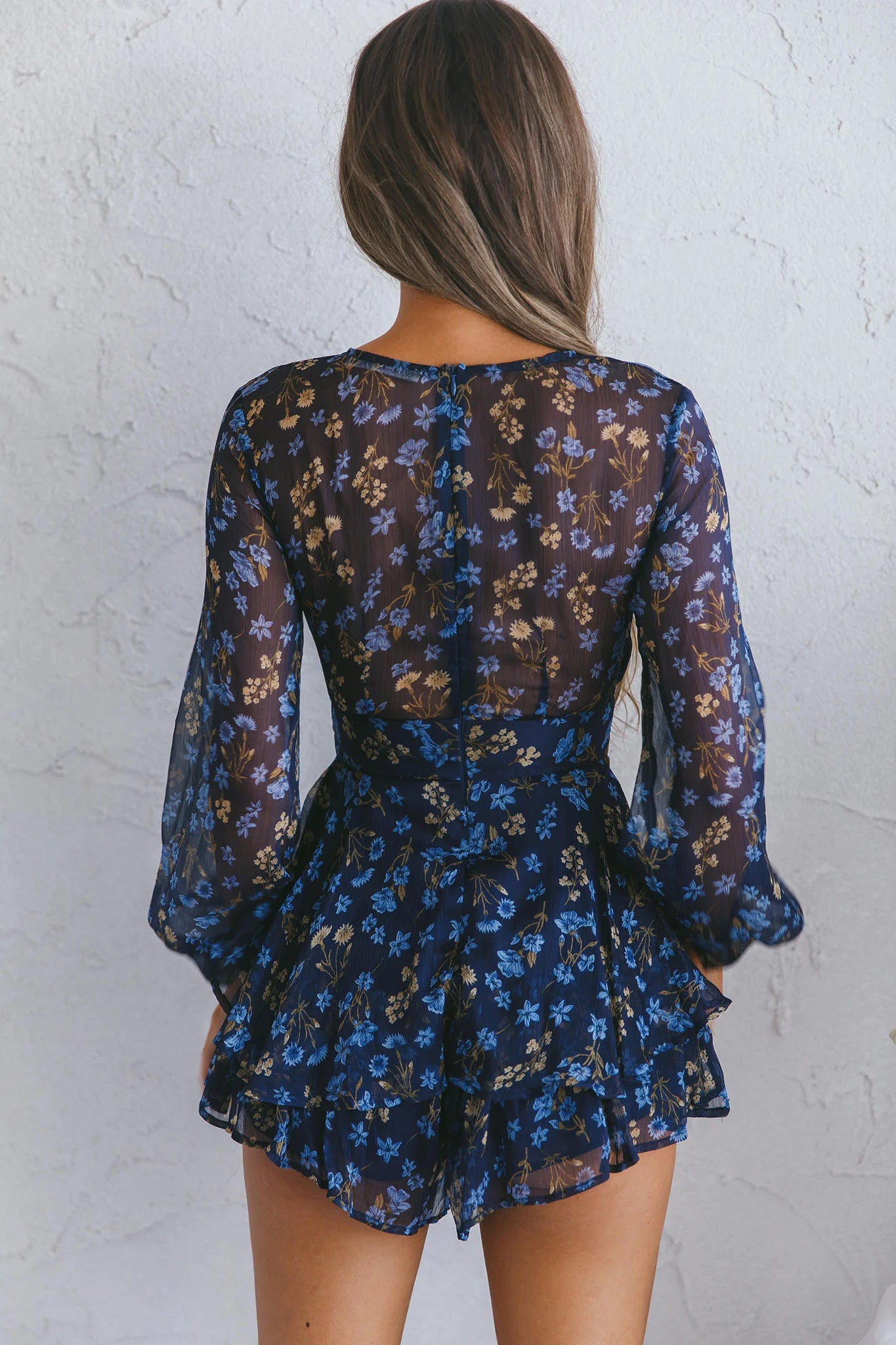Maddox Fit & Flare Long Sleeve Romper Botanic Print Navy