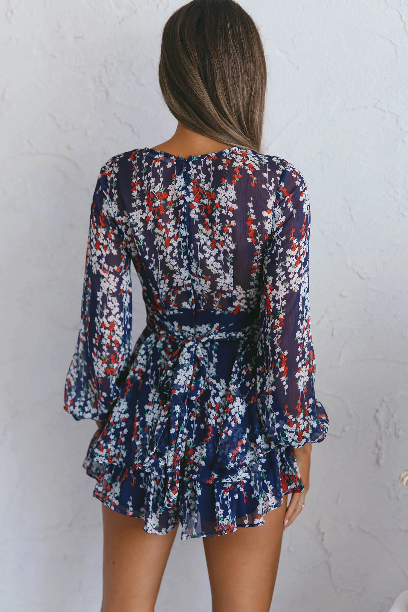 Maddox Fit & Flare Long Sleeve Romper Floral Vine Navy