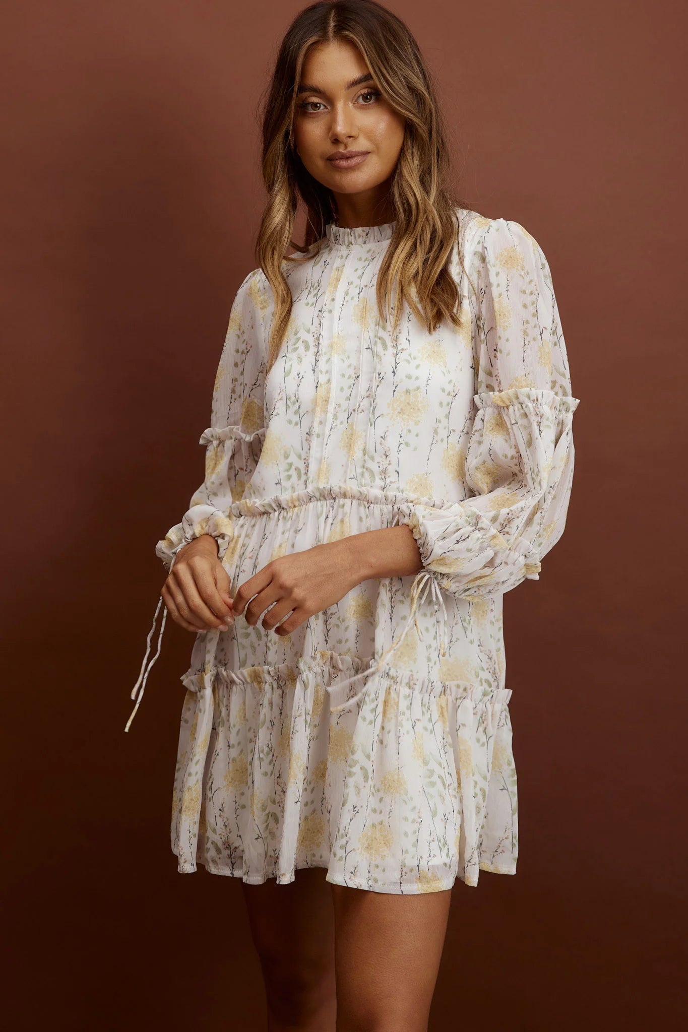 Beatrix High Neck Balloon Sleeve Dress Floral Yellow