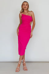 Taking Bets One Shoulder Cut-Out Midi Dress Hot Pink