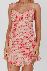 First Light Cami Strap Ruched Dress Floral Pink