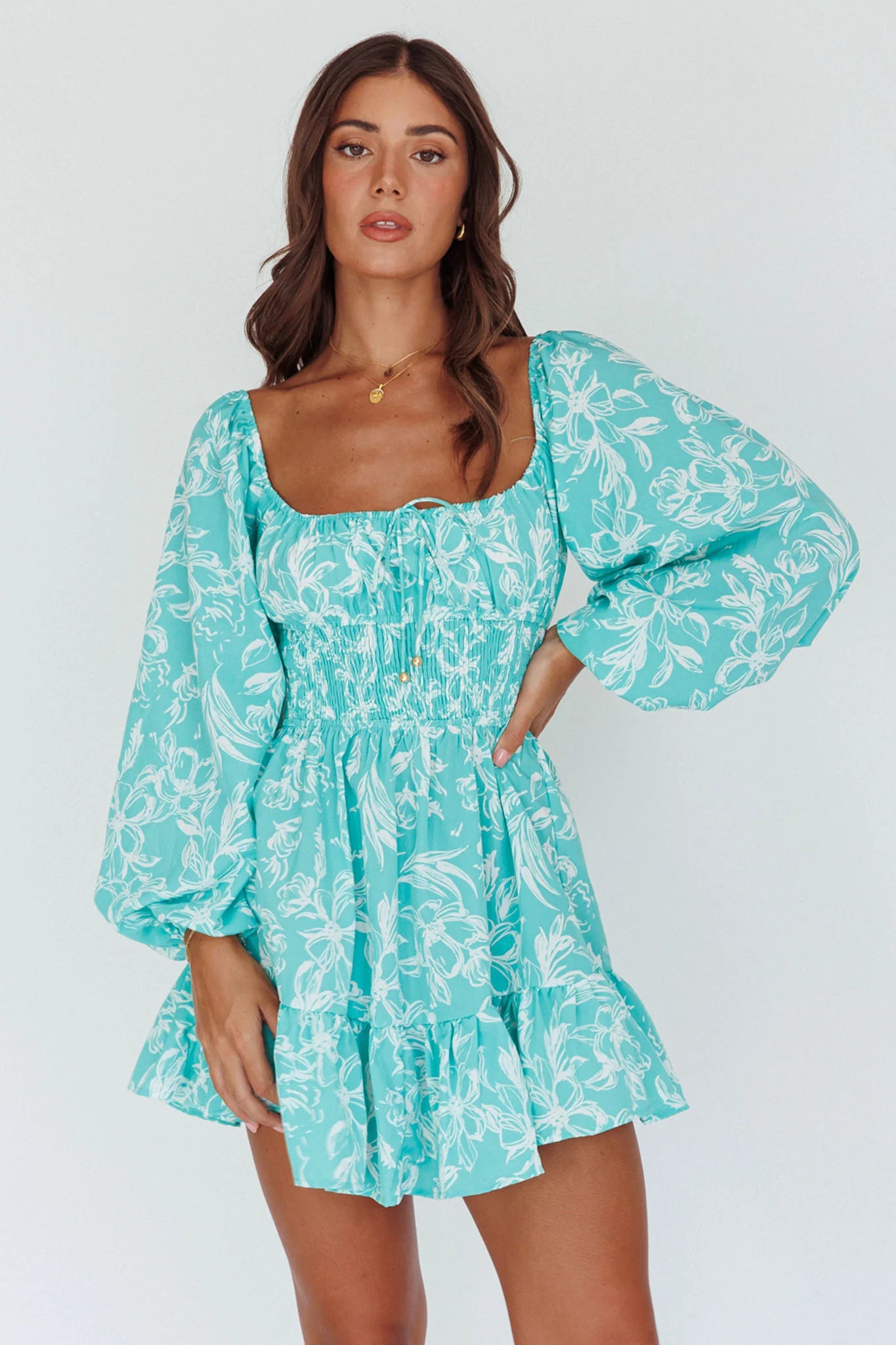 Amilie Shirred Long Sleeve Dress Floral Green