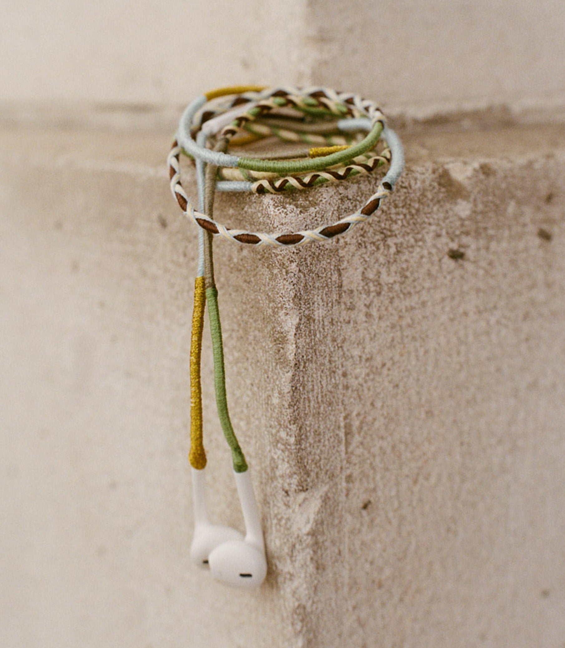 LE POM POM & DÔEN HEADPHONES -- GREEN BLUE GOLD STRIPE